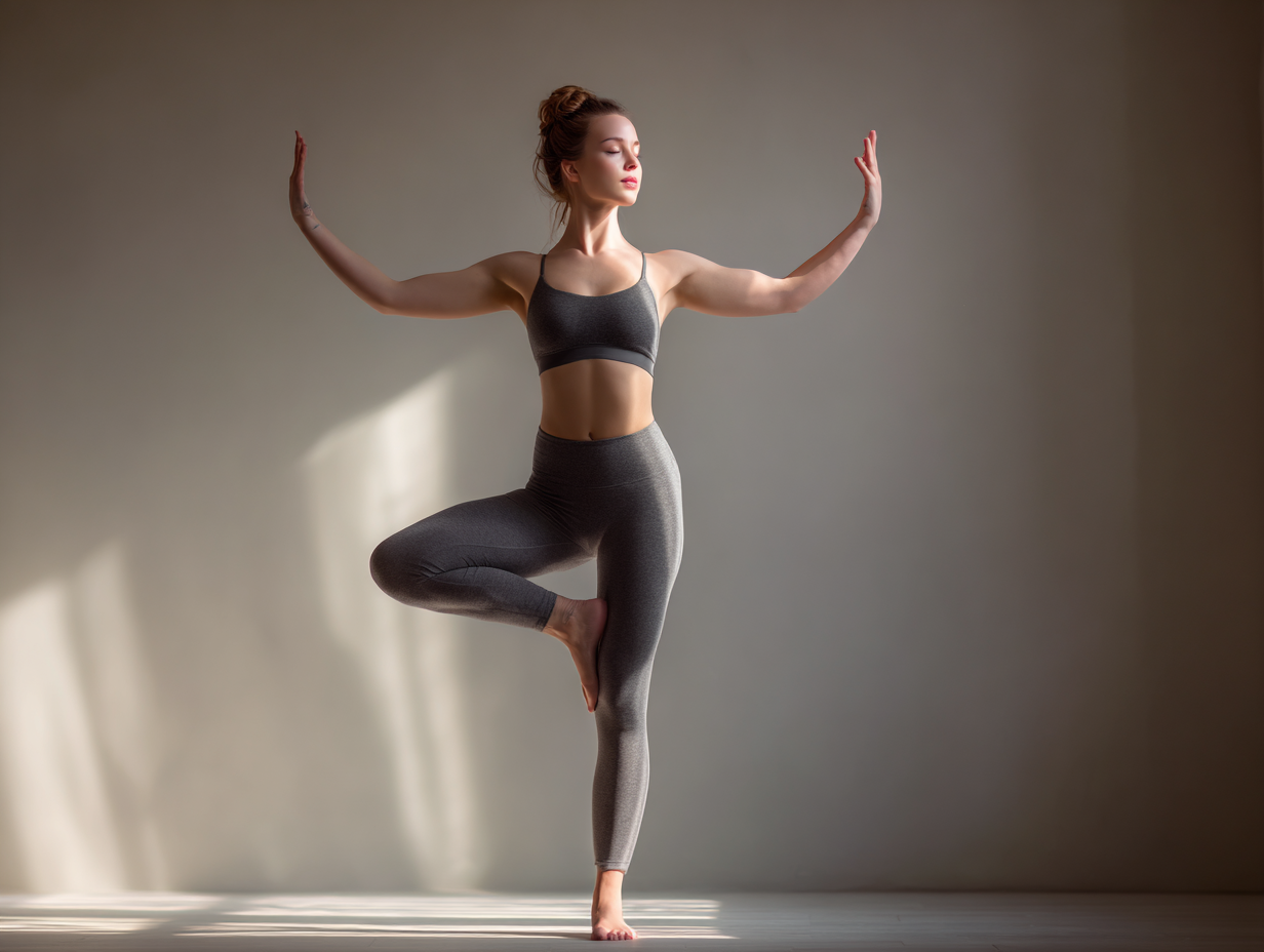 Donna pratica yoga in posizione di equilibrio al tramonto